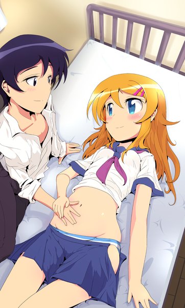 Anime picture 900x1488 with ore no imouto ga konna ni kawaii wake ga nai kousaka kirino kousaka kyousuke kaburaya seiden long hair tall image blush fringe short hair blue eyes light erotic black hair hair between eyes bent knee (knees) lying orange hair holding hands striped siblings eye contact