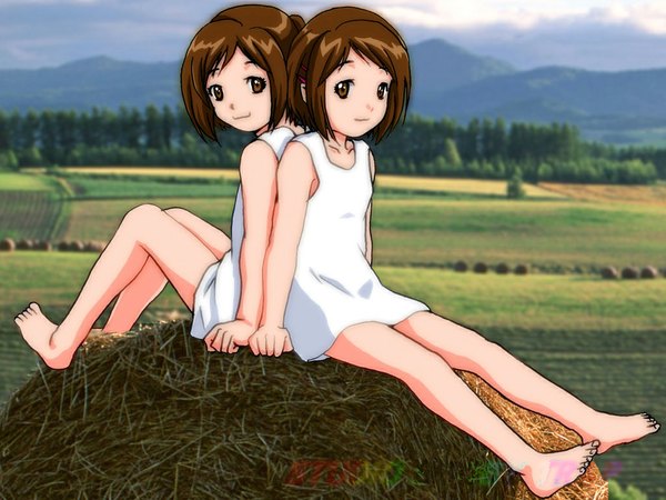 Anime picture 1024x768 with figure 17 shiina tsubasa shiina hikaru looking at viewer fringe short hair smile brown hair sitting multiple girls brown eyes payot cloud (clouds) full body bent knee (knees) outdoors barefoot wallpaper sleeveless mountain