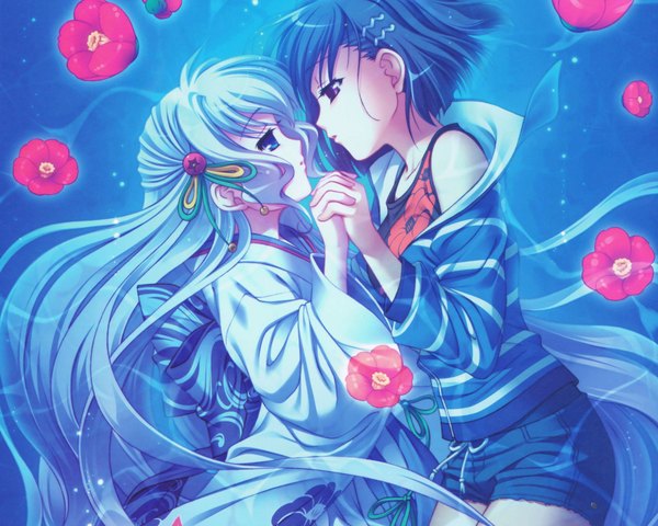 Anime picture 1920x1536 with aoi shiro nami (aoi shiro) tagme (artist) long hair highres short hair blue eyes black hair red eyes multiple girls blue hair japanese clothes holding hands shoujo ai underwater face to face girl hair ornament flower (flowers) 2 girls