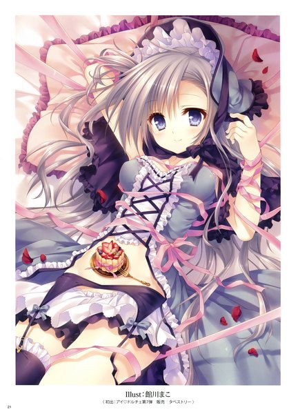 Anime picture 2447x3500 with original k-books (artbook) tatekawa mako single long hair tall image looking at viewer highres blue eyes grey hair scan official art girl thighhighs dress ribbon (ribbons) black thighhighs petals sweets bonnet
