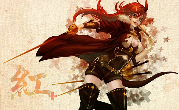 Anime picture 1052x650 with original raionart single long hair breasts smile wide image green eyes cleavage red hair tail horn (horns) lips girl weapon glasses belt single glove clothes epee