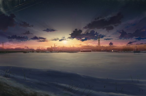 Anime picture 1500x988 with original living (artist) sky cloud (clouds) sunlight night night sky evening sunset winter snow no people landscape plant (plants) tree (trees) window ground vehicle forest sun wire (wires)