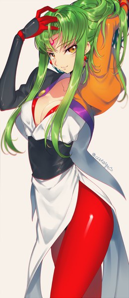 Anime picture 426x980 with code geass tenchi muyou! sunrise (studio) anime international company c.c. creayus single long hair tall image looking at viewer blush breasts light erotic simple background smile standing signed yellow eyes cleavage green hair