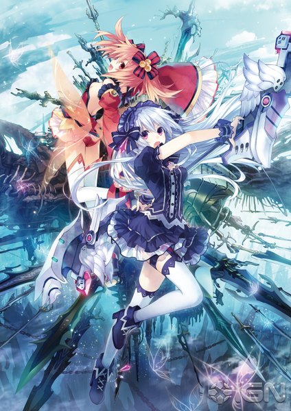 Anime picture 2756x3896 with fairy fencer f tiara (fairy fencer f) eryn (fairy fencer f) tsunako long hair tall image looking at viewer highres short hair open mouth red eyes multiple girls silver hair profile looking back orange hair inscription lolita fashion goth-loli weightlessness