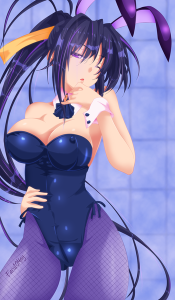 Anime picture 1200x2053 with highschool dxd himejima akeno facu10mag single long hair tall image breasts light erotic black hair large breasts purple eyes animal ears ponytail one eye closed wink bunny ears hand on hip coloring bunny girl naughty face