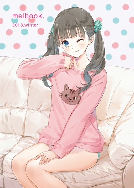 Anime picture 620x870 with kishida mel single long hair tall image looking at viewer blush blue eyes light erotic smile brown hair twintails head tilt one eye closed wink inscription bare legs pantyshot hand on hip polka dot animal print