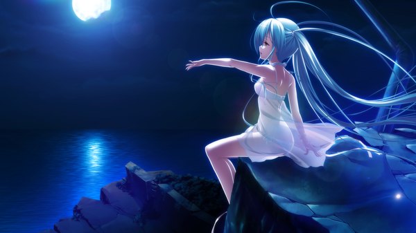 Anime picture 2560x1440 with gensou no idea kokoro (gensou no idea) makita maki single long hair highres light erotic wide image sitting twintails yellow eyes blue hair game cg profile wind night outstretched arm girl dress underwear