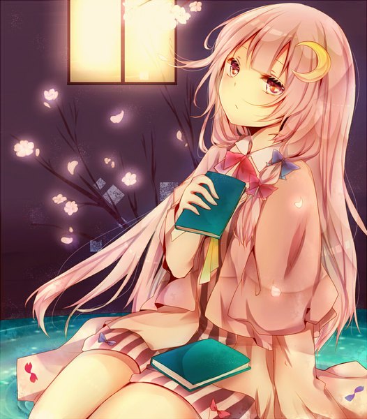 Anime picture 940x1073 with touhou patchouli knowledge misa (kaeruhitode) single long hair tall image looking at viewer blush sitting pink hair orange eyes girl flower (flowers) bow hair bow petals water window notebook