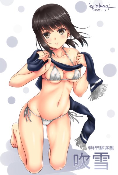 Anime picture 667x993 with kantai collection fubuki destroyer umyonge (lkakeu) single long hair tall image looking at viewer blush breasts light erotic brown hair signed barefoot bare belly bare legs grey eyes character names kneeling girl swimsuit
