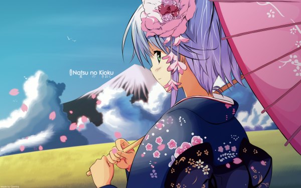 Anime picture 2560x1600 with ueda ryou highres short hair wide image green eyes signed blue hair cloud (clouds) japanese clothes looking back hair flower mountain girl hair ornament petals kimono yukata kanzashi