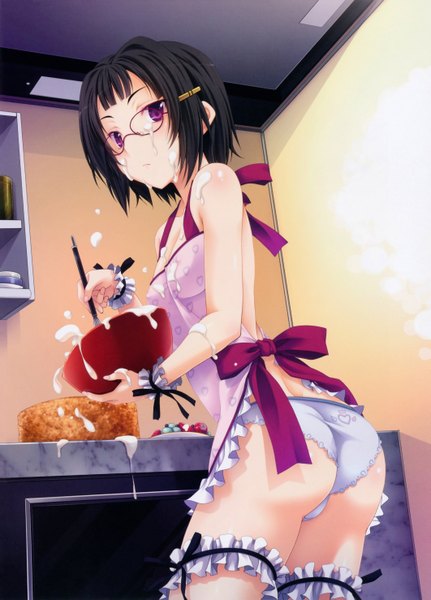Anime picture 4244x5910 with highschool dxd sona sitri miyama zero tall image highres short hair light erotic black hair standing purple eyes absurdres scan official art cameltoe scan artifacts nearly naked apron screening messy girl underwear