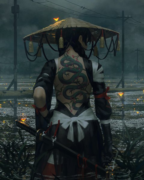 Anime picture 1500x1875 with original guweiz single long hair tall image black hair cloud (clouds) outdoors braid (braids) traditional clothes from behind realistic tattoo hand on hip hug twin braids partially submerged chinese clothes fantasy sheathed