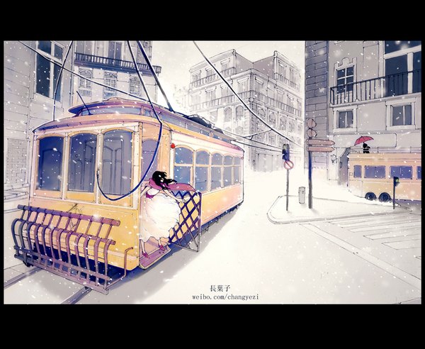 Anime picture 1000x820 with original changyezi long hair black hair snowing letterboxed winter snow street girl dress shoes white dress scarf umbrella train traffic sign traffic lights sign