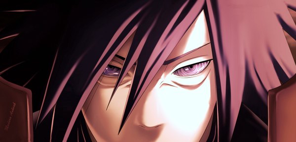 Anime picture 3000x1447 with naruto studio pierrot naruto (series) uchiha madara anvmadara single long hair looking at viewer fringe highres black hair wide image purple eyes inscription shadow coloring close-up face rinnegan boy