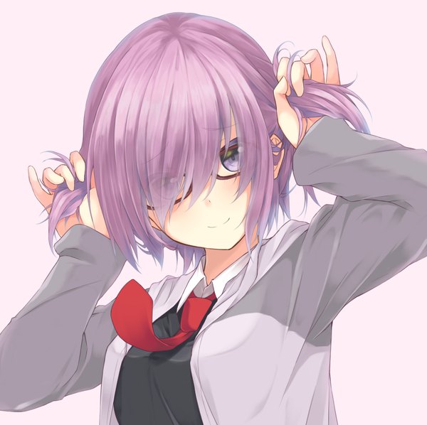 Anime picture 853x851 with fate (series) fate/grand order mash kyrielight kurai masaru single looking at viewer blush fringe short hair simple background smile hair between eyes purple eyes twintails purple hair upper body long sleeves head tilt hair over one eye gradient background
