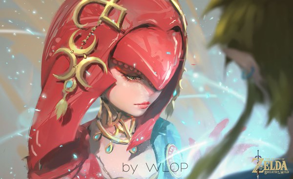 Anime picture 1365x838 with the legend of zelda the legend of zelda: breath of the wild link mipha wlop long hair fringe short hair blonde hair wide image signed yellow eyes upper body red hair lips hair over one eye copyright name lipstick piercing magic