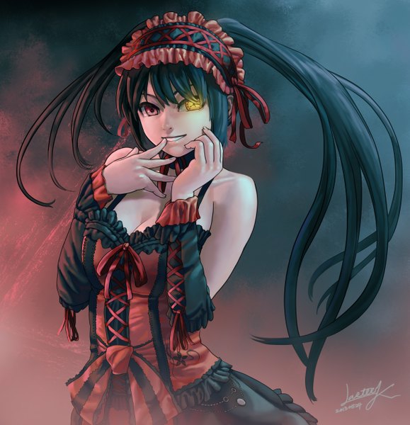 Anime picture 2439x2528 with date a live tokisaki kurumi lasterk single long hair tall image highres black hair twintails bare shoulders heterochromia lolita fashion uneven twintails girl dress detached sleeves frills headdress