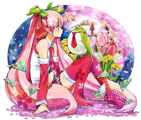 Anime picture 1250x1063 with vocaloid hatsune miku sakura miku rainys bill single blush sitting twintails signed pink hair full body very long hair profile pink eyes cherry blossoms girl flower (flowers) detached sleeves animal petals