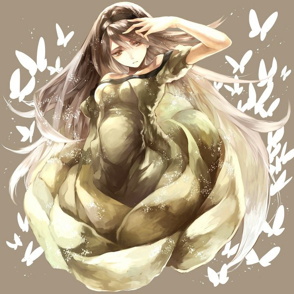 Anime picture 1200x1200 with bravely default: flying fairy agnes oblige yoshiharu (principle) single long hair simple background brown hair bare shoulders brown eyes wind grey background short sleeves puffy sleeves girl dress insect butterfly