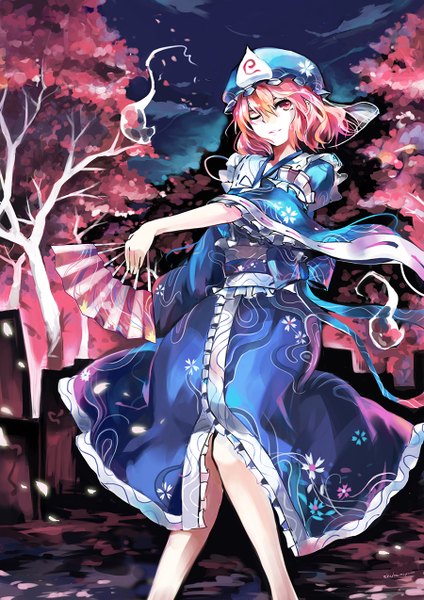 Anime picture 900x1273 with touhou saigyouji yuyuko shuhaoqian single tall image looking at viewer short hair signed pink hair one eye closed pink eyes light smile wink night cherry blossoms girl plant (plants) petals tree (trees) bonnet