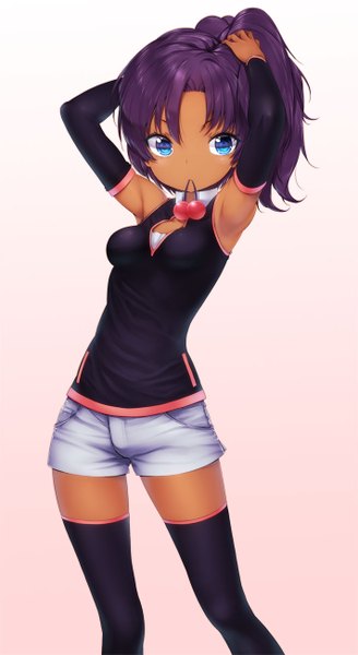 Anime picture 712x1300 with sd gundam g generation rachel ransom zizi (zz22) single tall image looking at viewer short hair blue eyes simple background holding purple hair mouth hold dark skin girl thighhighs black thighhighs shorts white shorts
