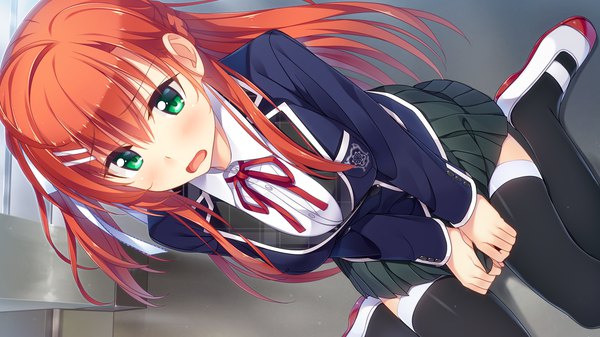 Anime picture 1280x720 with omokage ichinose minato single long hair looking at viewer blush open mouth wide image green eyes game cg red hair pleated skirt zettai ryouiki girl thighhighs skirt uniform black thighhighs school uniform