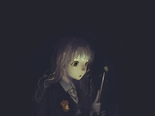 Anime picture 1024x768 with harry potter hermione granger single long hair open mouth blonde hair brown eyes magic black background gloom girl uniform wand