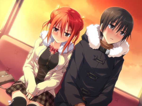 Anime picture 1600x1200 with duelist x engage makino monaka (duelist x engage) blush short hair black hair brown eyes game cg red hair couple evening sunset girl boy