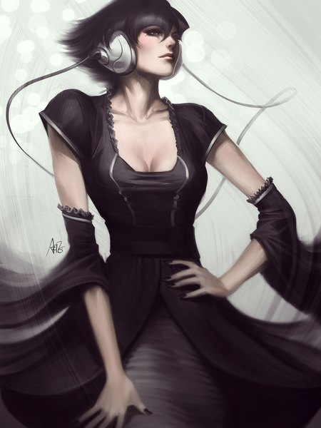 Anime picture 750x1000 with original pepper project artgerm (stanley lau) single tall image looking at viewer short hair black hair brown eyes signed nail polish lips realistic grey background hand on hip girl dress headphones black dress wire (wires)