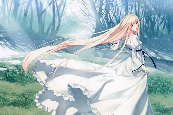 Anime picture 4000x2652 with caucasus nanatsuki shion sugina miki single looking at viewer fringe highres open mouth blonde hair smile red eyes absurdres outdoors very long hair looking back sunlight scan wide sleeves official art bare tree