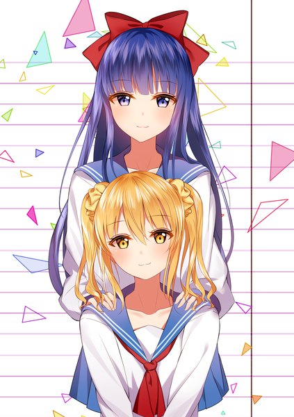 Anime picture 2117x3000 with poptepipic pipimi popuko junpaku karen long hair tall image looking at viewer blush fringe highres short hair hair between eyes twintails purple eyes multiple girls blue hair blunt bangs light smile short twintails hand on another's shoulder