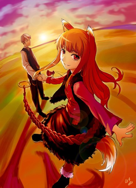 Anime picture 1024x1411 with spice and wolf horo craft lawrence as109 long hair tall image fringe smile red eyes animal ears tail braid (braids) grey hair orange hair holding hands evening sunset girl boy