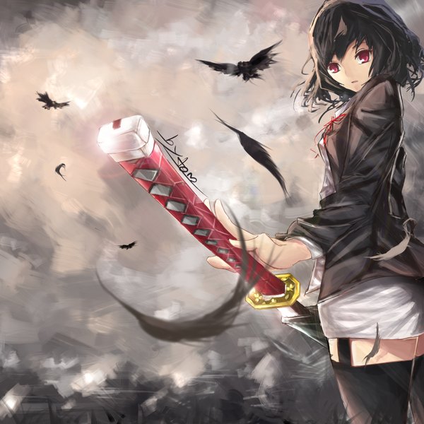 Anime picture 3508x3508 with original paradise (character) tom 23579 single looking at viewer highres short hair black hair red eyes standing absurdres sky cloud (clouds) looking back sunlight open clothes open jacket girl weapon plant (plants)