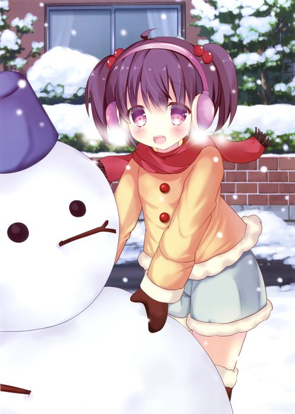 Anime picture 2492x3500 with original rikatan single tall image blush fringe highres short hair open mouth hair between eyes twintails purple eyes purple hair ahoge outdoors scan official art loli short twintails snowing