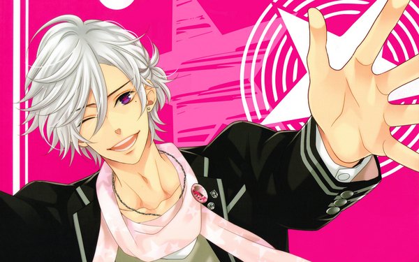 Anime picture 1920x1200 with brothers conflict idea factory asahina tsubaki udajo single looking at viewer fringe highres short hair open mouth simple background smile wide image purple eyes white hair one eye closed wink scan boy scarf