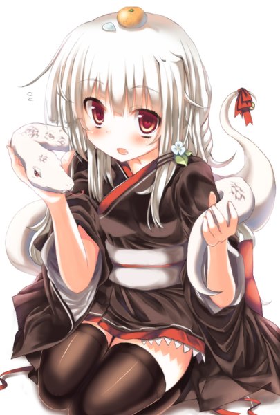 Anime picture 1181x1748 with original ha ru single long hair tall image looking at viewer blush open mouth red eyes white hair japanese clothes girl thighhighs black thighhighs kimono obi snake orange (fruit)