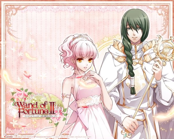 Anime picture 1280x1024 with wand of fortune wand of fortune 2 idea factory lulu (wand of fortune) elbert levin long hair looking at viewer fringe short hair open mouth green eyes pink hair braid (braids) traditional clothes green hair light smile orange eyes girl dress boy