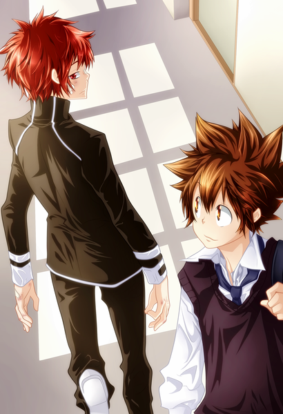 Anime picture 1024x1500 with katekyou hitman reborn sawada tsunayoshi enma kozato hao-hime tall image short hair smile red eyes brown hair brown eyes red hair profile looking back from above sunlight multiple boys coloring boy uniform school uniform