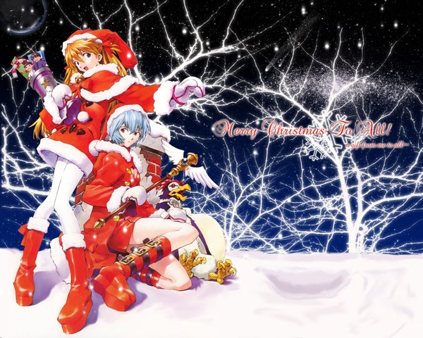 Anime picture 1280x1024 with neon genesis evangelion evangelion neon genesis shinseiki evangelion gainax soryu asuka langley ayanami rei penpen sadamoto yoshiyuki long hair short hair blue eyes red eyes standing sitting multiple girls blue hair red hair snowing christmas winter