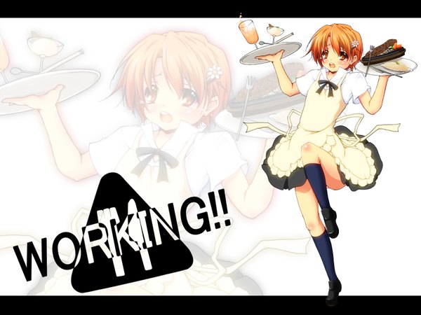 Anime picture 1600x1200 with working!! a-1 pictures inami mahiru haruyonoto single blush short hair open mouth full body orange hair inscription orange eyes zoom layer waitress girl hair ornament socks food hairclip black socks