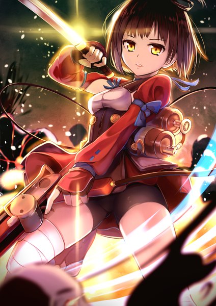 Anime picture 620x877 with koutetsujou no kabaneri wit studio mumei (kabaneri) yan (nicknikg) single tall image looking at viewer fringe short hair brown hair holding yellow eyes sky long sleeves parted lips from below light girl gloves weapon