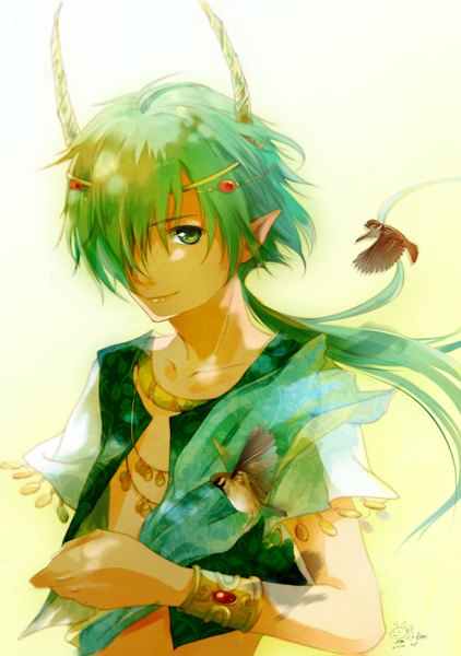 Anime picture 1024x1455 with tagme (copyright) a-boo single long hair tall image looking at viewer fringe simple background smile green eyes signed ponytail horn (horns) green hair pointy ears hair over one eye open clothes open shirt boy hair ornament