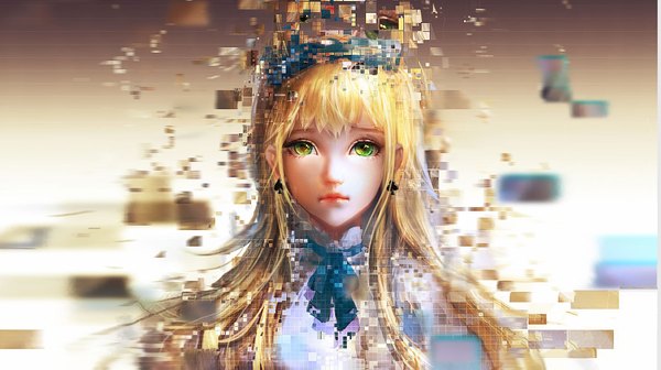 Anime picture 2280x1279 with alice in wonderland alice (wonderland) sangrde single long hair looking at viewer fringe highres blonde hair wide image green eyes upper body lips girl ribbon (ribbons) earrings