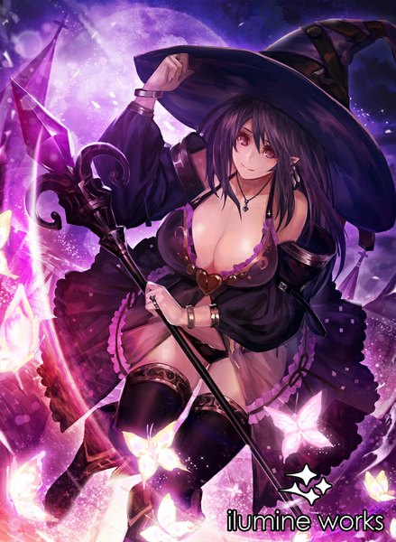 Anime picture 732x1000 with original yaoya musuko single long hair tall image light erotic black hair purple eyes bare shoulders cleavage witch girl thighhighs underwear panties black thighhighs hat detached sleeves insect butterfly