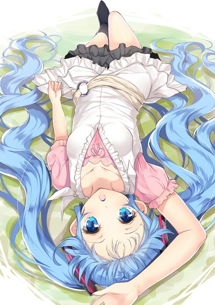 Anime picture 566x800 with vocaloid hatsune miku yappen single tall image looking at viewer breasts open mouth blue eyes twintails blue hair bent knee (knees) lying very long hair arm up :o short sleeves on back girl dress