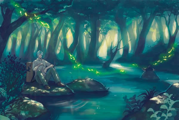 Anime picture 1224x827 with mushishi ginko kochimo (pixiv) single fringe short hair sitting green eyes blue hair hair over one eye glowing river boy plant (plants) tree (trees) water pants forest stone (stones) box