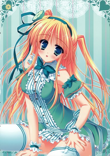 Anime picture 2461x3498 with hinamatsuri touko single long hair tall image blush highres blue eyes orange hair girl thighhighs bow ribbon (ribbons) hair ribbon white thighhighs