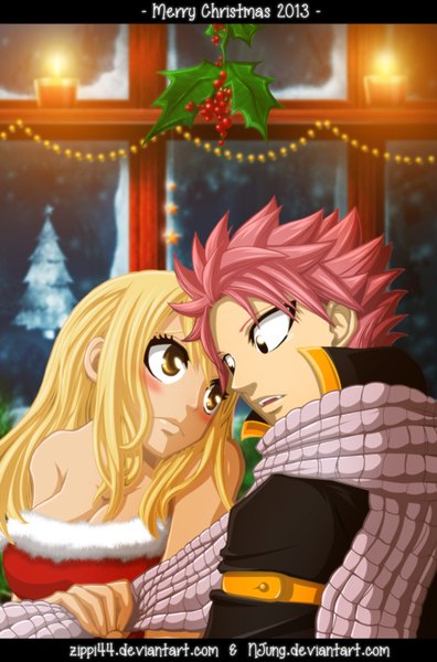 Anime picture 1000x1516 with fairy tail lucy heartfilia natsu dragneel natilokijung long hair tall image blush short hair open mouth blonde hair bare shoulders brown eyes pink hair indoors black eyes couple coloring christmas letterboxed winter