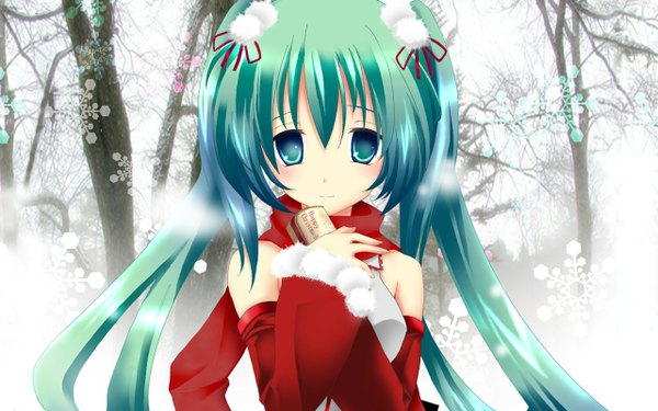 Anime picture 1280x800 with vocaloid hatsune miku tagme (artist) wide image snowing christmas winter snow girl hair ornament snowflake (snowflakes)