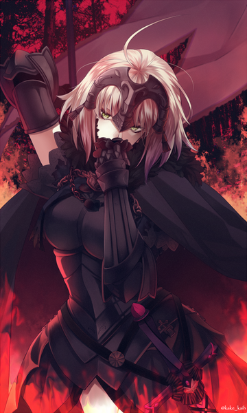 Anime picture 600x1000 with fate (series) fate/grand order fate/apocrypha jeanne d'arc (fate) (all) jeanne d'arc alter (fate) kake (kuromitsu) single tall image looking at viewer fringe short hair blonde hair standing green eyes signed yellow eyes ahoge head tilt fur trim arm behind head